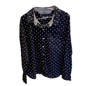 Tommy Hilfiger Women's Blouse Size Large Navy Blue Polka Dots Cotton Rockabilly
